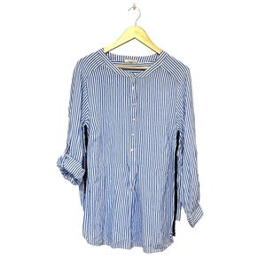 Jane & Delancey Blue/White Striped Tunic, Roll Tab Sleeves, Collarless, 1X, EUC